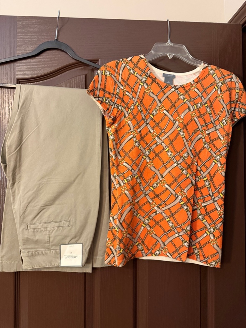 Ann Taylor Orange Chain-Print Short Sleeve Tee & khaki dress pants